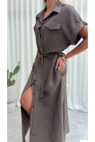 Sukienka Koszulowa Maxi Premium Wiązana w Pasie Elegancka Oversize Guziki Kieszenie - fango